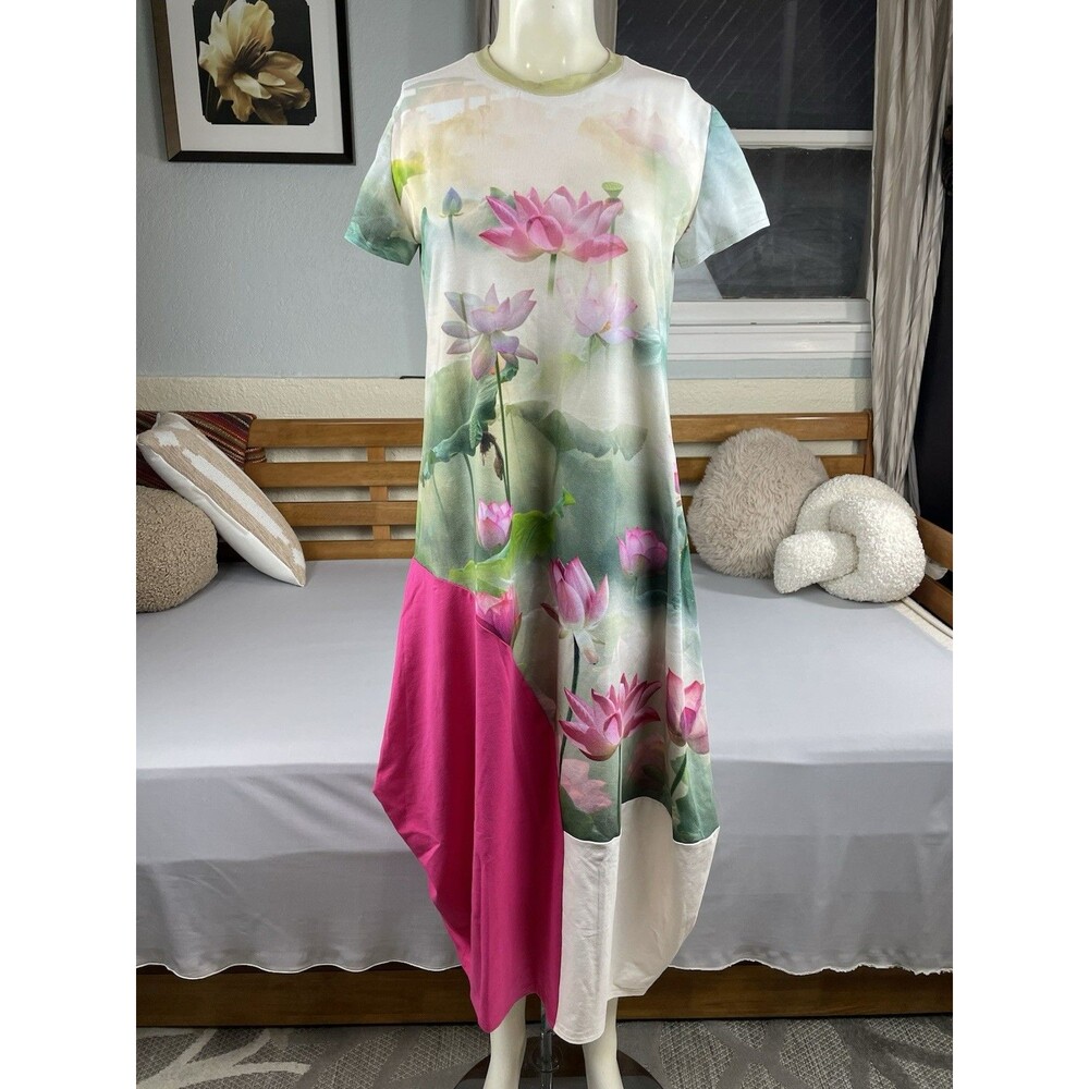 Lotus Print Color Block T-Shirt Maxi Dress Women's Med Floral Print Lagenlook